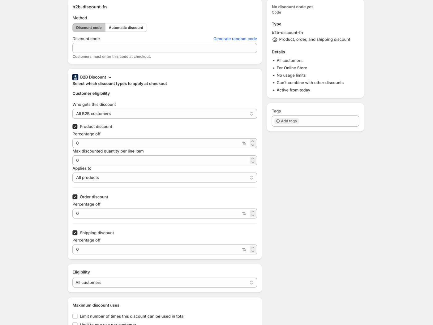 B2B Launchpad discount creation showing b2b-discount-fn with product, order, and shipping discount types and B2B customer eligibility