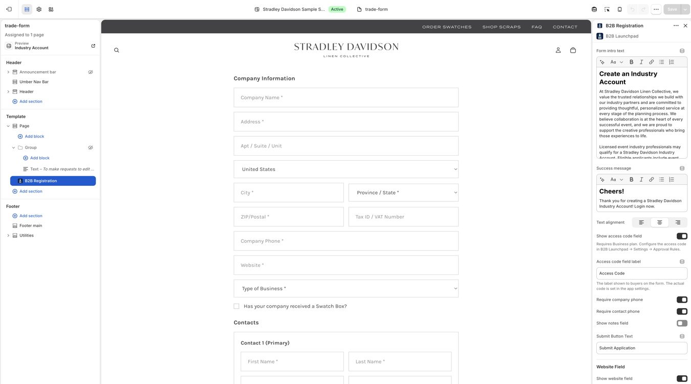 B2B Launchpad registration form as a theme app extension in the Shopify theme editor, showing the storefront form with company information fields and the extension settings panel