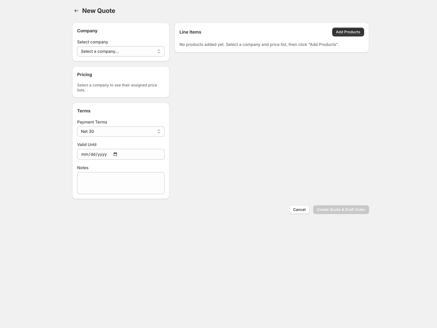 B2B Launchpad quote builder showing company selector, pricing, payment terms, line items, and Create Quote & Draft Order button